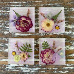 Dried Flowers Resin Drink Coasters Set of 4 House Housewarming Gift Kitchen